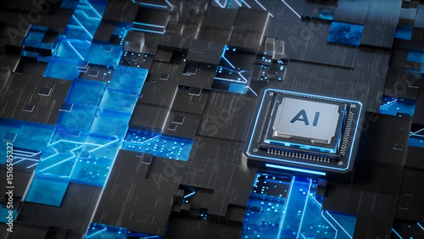 Obraz The Glowing AI Chip at the Heart of Advanced Digital Architecture