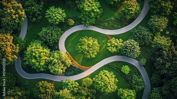 Obraz Aerial serenity A peaceful park s winding path invites tranquil reflection and leisurely strolls among lush greenery in