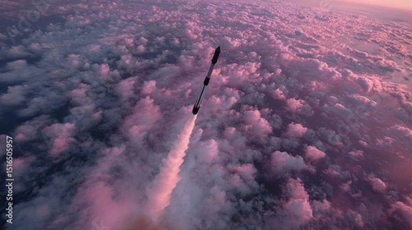 Fototapeta Ascension: Black Rocket Soaring Skyward in Powerful Blast Captured from Above Depicting Technological Advancement and Space Exploration
