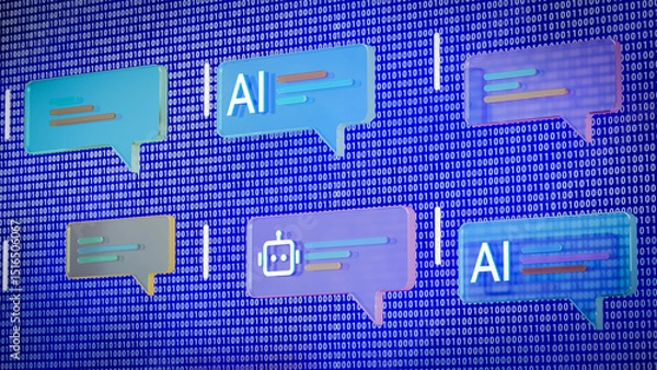 Obraz Multiple AI chat dialogs printed with AI and bot icons, conceptual abstract digitally generated images