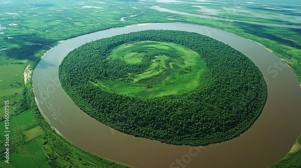 Obraz A mesmerizing aerial view of a lush green island formed by a meandering river teeming with life a beautiful natural