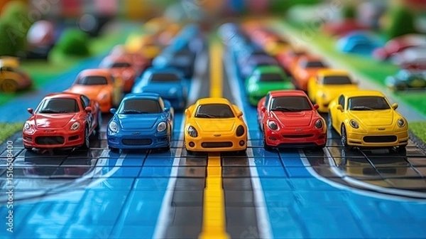 Obraz A colorful parade of miniature sports cars lined perfectly on a toy race track representing vibrant energy and playful