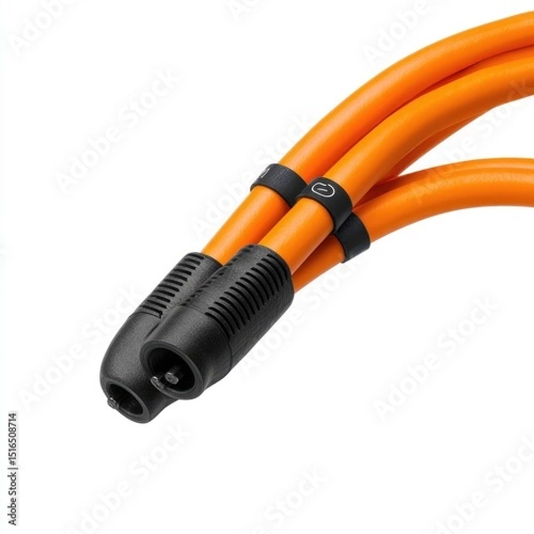 Fototapeta Close-up of vibrant orange electrical cables with black connectors and insulation.  Features a textured black connector housing and securing bands