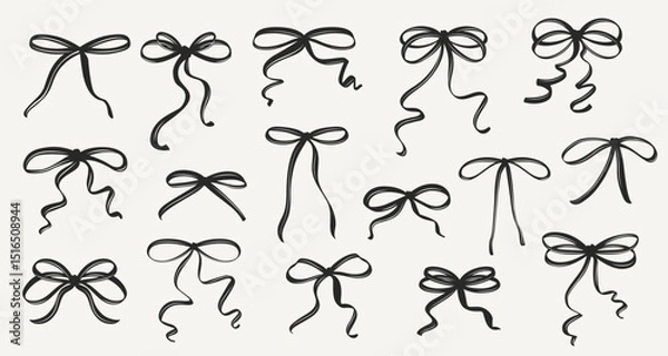 Fototapeta Vintage Coquette Bows in Hand-Drawn Whimsical Style Ribbon Set, Cute Flirtatious Bows Clipart Collection
