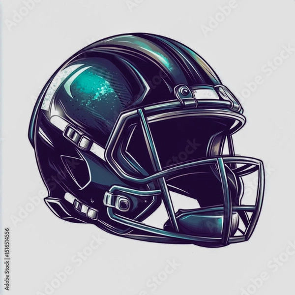 Fototapeta Futuristic Football Helmet Logo with Metallic Textures Bold Outlines High Contrast Dynamic Angles Sporty and Aggressive Design on Clean White Background.