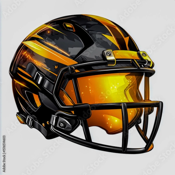 Fototapeta Futuristic Football Helmet Logo with Metallic Textures Bold Outlines High Contrast Dynamic Angles Sporty and Aggressive Design on Clean White Background.