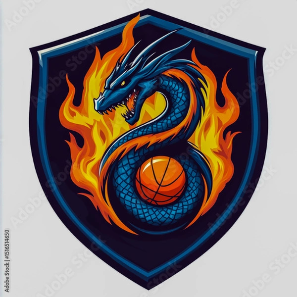 Fototapeta Majestic Dragon Basketball Emblem with Flaming Ball and Heraldic Shield in Deep Blues and Fiery Oranges on White Background.