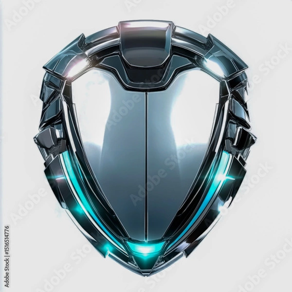 Fototapeta Futuristic Football Shield Logo Featuring Polished Chrome and Steel Textures with Sharp Edges Sleek Design and Glowing Metallic Highlights Isolated on Pure White Background High Detail and Symmetry.