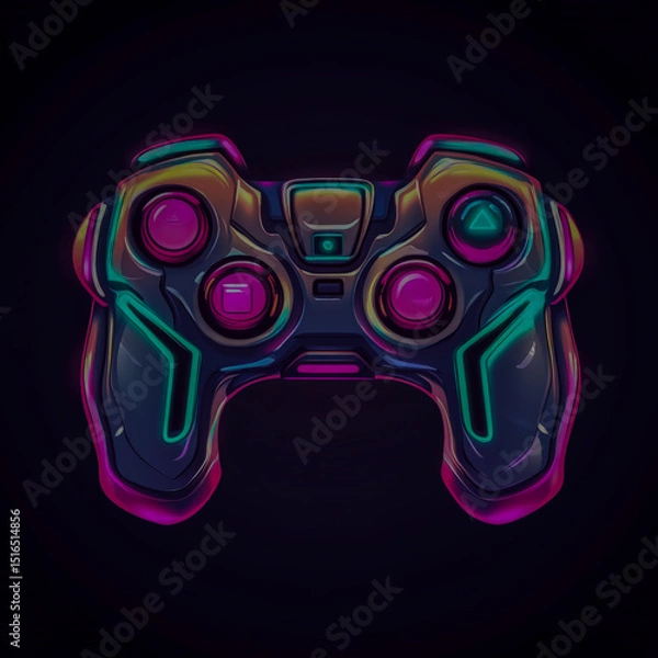 Fototapeta Futuristic Joystick Gaming Logo with Sleek Chrome Finish Neon Accents Glowing LED Details Modern Esport Style Symmetrical Design Dark Background Digital Tech Aesthetic Vector Style.