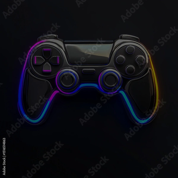 Fototapeta Futuristic Joystick Gaming Logo with Sleek Chrome Finish Neon Accents Glowing LED Details Modern Esport Style Symmetrical Design Dark Background Digital Tech Aesthetic Vector Style.