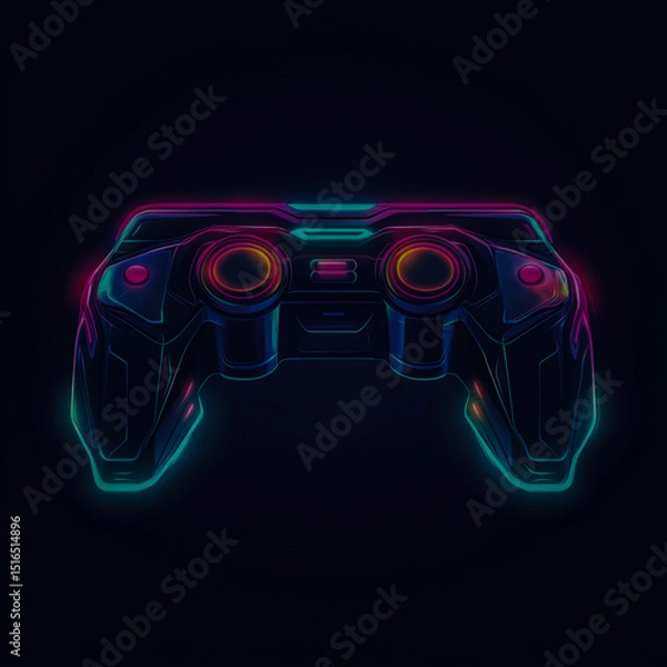 Fototapeta Futuristic Joystick Gaming Logo with Sleek Chrome Finish Neon Accents Glowing LED Details Modern Esport Style Symmetrical Design Dark Background Digital Tech Aesthetic Vector Style.