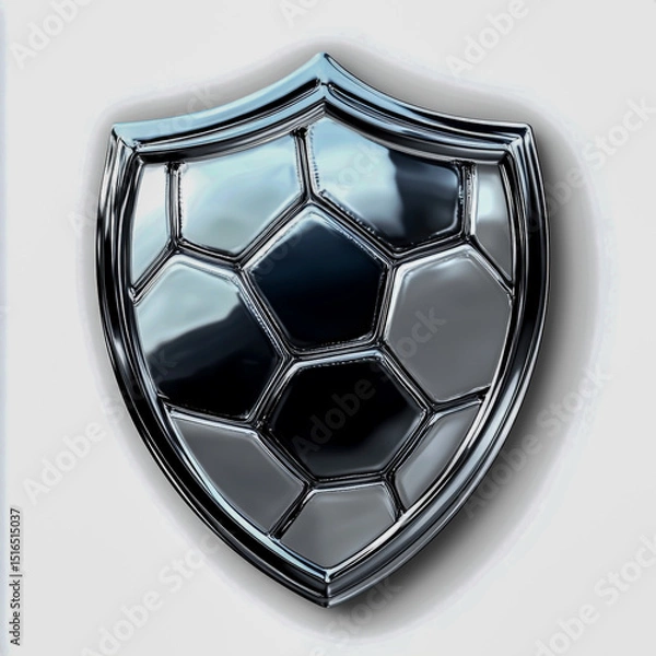 Fototapeta Sleek Glossy Metallic Football Crest Featuring Chrome and Steel Textures with Elegant Curves Sharp Corners and Embossed Football Graphic on Plain White Backdrop Modern Bold Branding.
