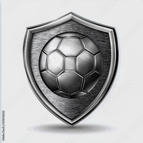 Fototapeta Sleek Brushed Metal Football Emblem with Intricate Engravings Bold 3D Sharp Angular Design Realistic Reflections Clean White Background Professional Sports Logo Style.