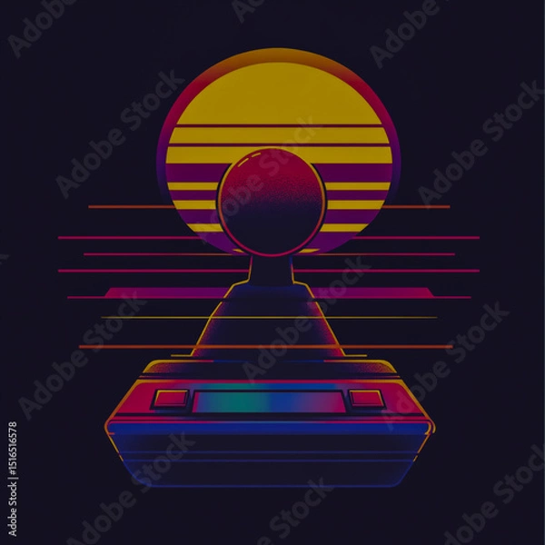 Fototapeta Retro arcade joystick logo glowing with 80s vaporwave colors pixel art style bold lines vibrant gradients synthwave background nostalgic gaming vibe clean emblem design perfect for vintage gamers.