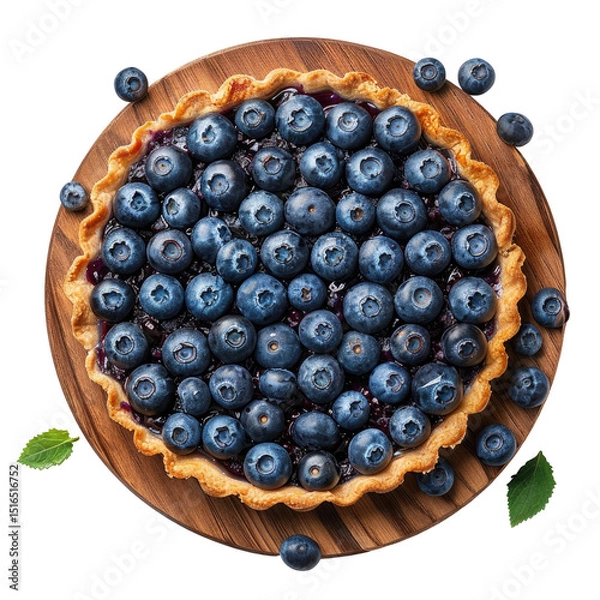 Fototapeta Appetizing homemade blueberry pie on a wooden board isolated on a transparent background, top view