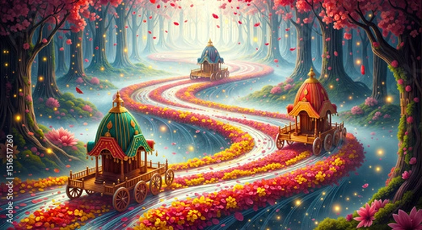Fototapeta Three Festive Chariots Traveling Down the Flower Petal Rivers in Magical Forest in Background, Indian Mythology and Ratha Yatra Celebration Concept Background 