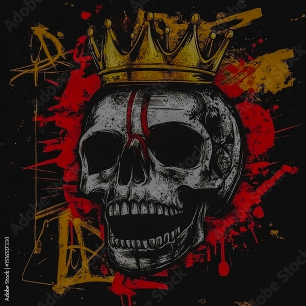 Fototapeta Urban Street-Style Basketball Emblem with Graffiti Vibes Gritty Textures and a Stylized Skull Wearing a Basketball Crown Bold Brushstroke Typography on a Grunge Black Red and Gold Background.