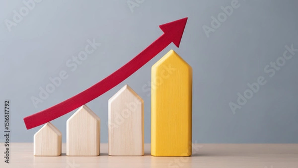 Obraz Property loan interest growth concept with wooden house blocks and red arrow showing increase in value and financial success