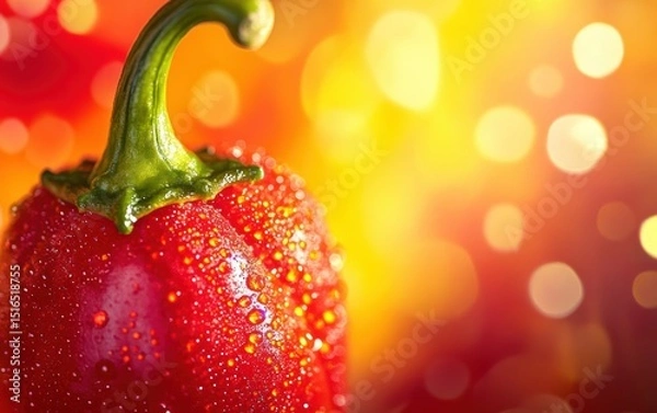 Obraz Macro of ripe red bell pepper with water drops on yellow background with bokeh.