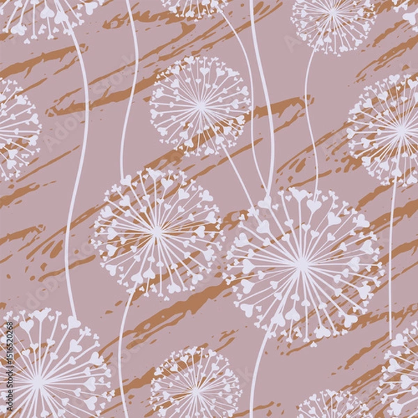 Fototapeta Dandelions with hearts on pastel textured background. Elegant seamless pattern with stylized summer flowers. Modern floral design for fabric, wallpaper, wrapping paper, linens. Vector.