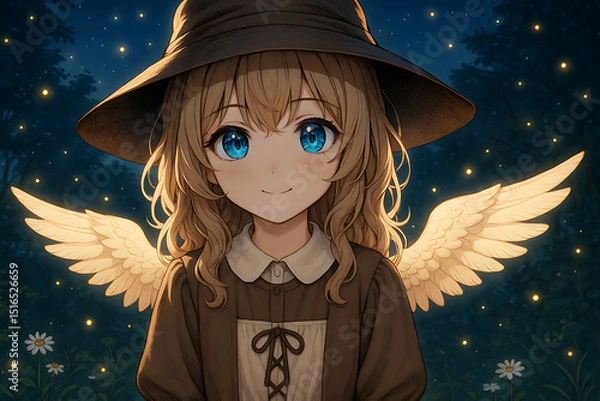 Fototapeta Enchanting digital anime portrait of a serene angelic girl with glowing wings and blue eyes, surrounded by magical fireflies in a mystical night garden, evoking fantasy and innocence.