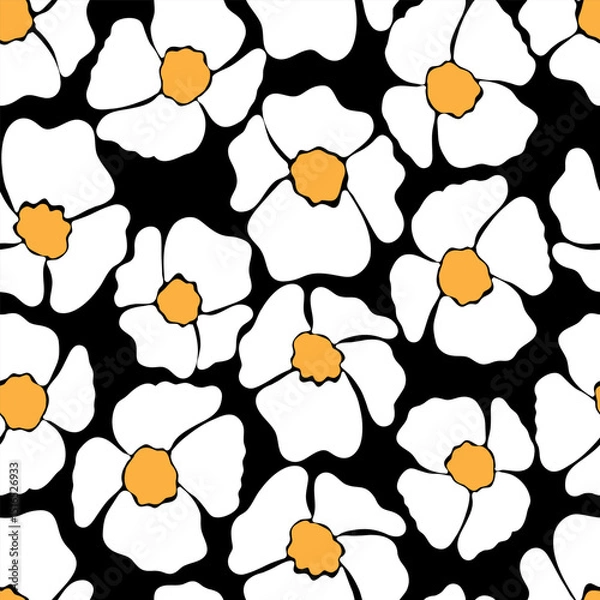 Fototapeta eamless pattern of hand-drawn white flowers with yellow centers on a black background. Minimalist floral pattern for textiles, wallpapers, and fabric prints.