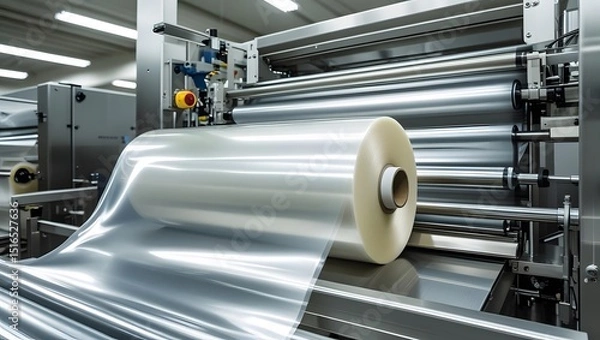 Obraz Industrial Plastic Film Manufacturing Process A large roll of transparent film unwinds, smoothly gliding across sleek, stainless steel machinery in a modern factory setting.