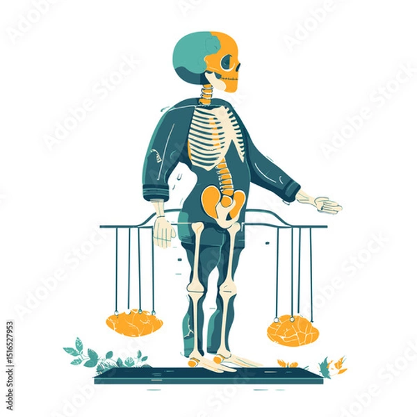 Fototapeta Anatomical Skeleton Balancing on Scales with Green Teal and Orange Colors on White Background Depicts Balance And Science