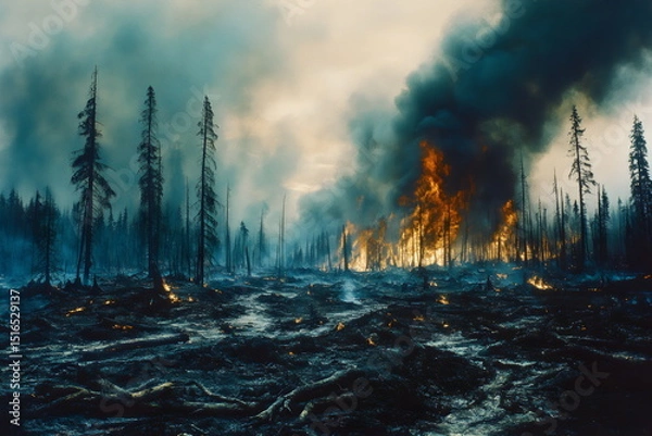 Fototapeta Destructive flames engulf the forest, transforming nature into a scene of devastation and despair during wildfire season