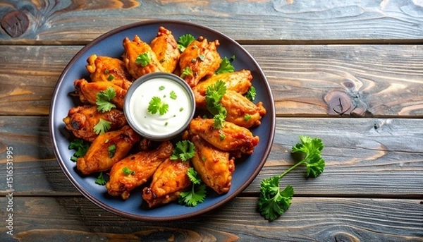 Fototapeta Delicious Plate of Buffalo Chicken Wings with Blue Cheese Dressing with Space for Copy