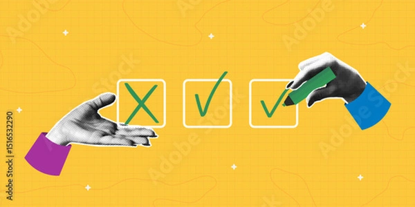 Fototapeta Checklist collage banner with halftone hands. Hand holding marker and putting a check mark or cross in checkbox. Collage design with halftone elements. Concept of check list. Vector.