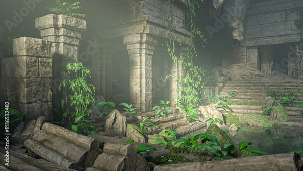 Fototapeta Ancient fantasy ruined buildings in an overgrown cave with sunlight streaming in from above. 3D rendered illustration.