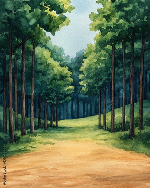 Fototapeta A tranquil forest path surrounded by tall trees, inviting exploration and connection with nature's beauty.