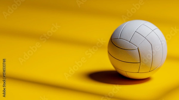 Obraz Close-up of white volleyball resting on vibrant yellow background with shadow, ideal for sports branding, minimal posters and summer athletic visuals