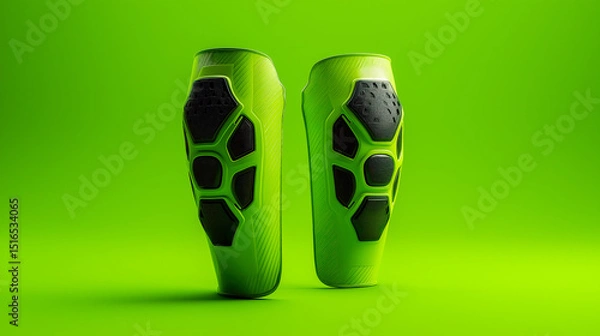 Obraz Bright neon green soccer shin guards on vivid green background, representing safety gear, sports accessories, athletic branding and football protection visuals