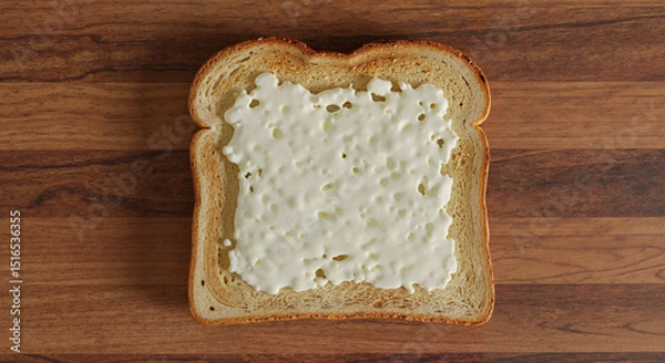 Fototapeta Slice of bread topped with spread on wooden table