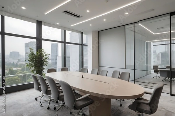 Obraz Modern Conference Room Design Elegant Oval Table & City View