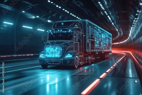 Fototapeta Futuristic Digital Truck Driving Through Neon Tunnel Modern Technology Transportation Road Data     