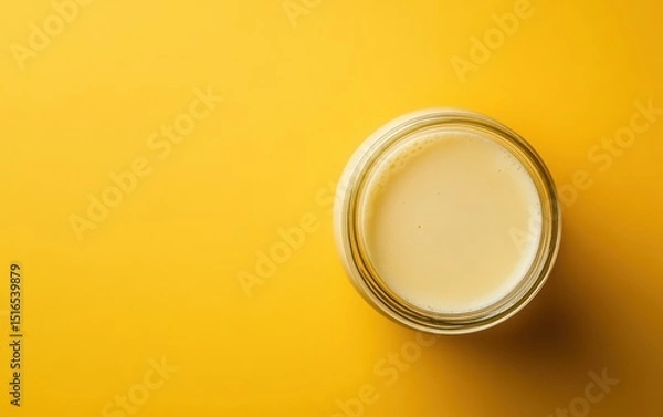 Obraz Top-down view of little jar of almond milk on vibrant yellow background.