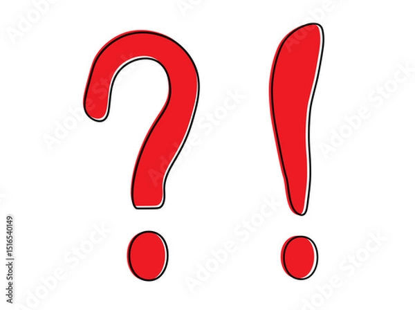 Obraz Question mark and exclamation mark symbols. Color is red. Casual style. Set of two icons isolated on  white background. Flat design. For text or pictures to show emotions or some kind of action.