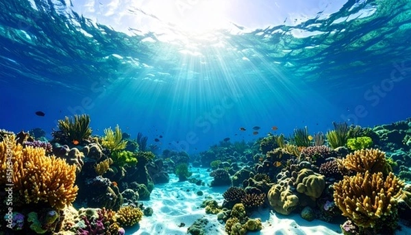 Fototapeta Ethereal Underwater Paradise: Sunlit Coral Reefs and Mystical Ocean Depths