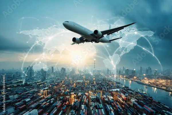 Obraz Global logistics and air transportation connecting cities with s