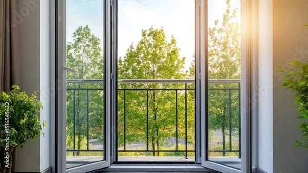 Fototapeta Open French doors reveal a sunny balcony with lush green trees and a metal railing.