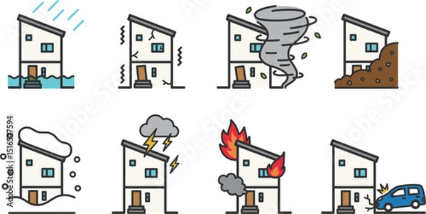 Obraz 災害　被害　家のイラストセット