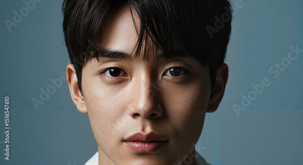 Obraz Young man with short hair posing against a blue background
