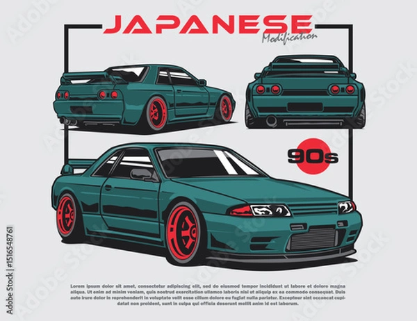 Fototapeta Japanese 90s car modification set in green coloring and background vector illustration