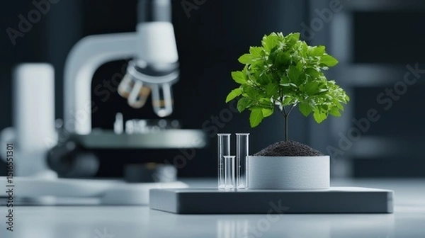 Fototapeta Innovation lab collaboration transformation concept. Scientific plant study with microscope in modern lab setting.