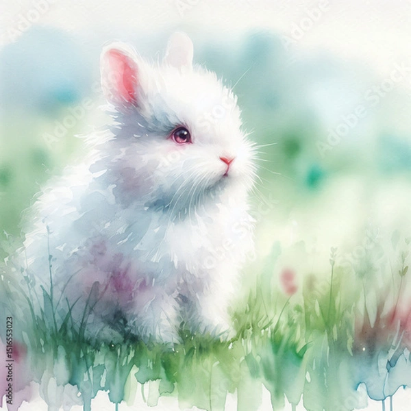 Fototapeta cute little white rabbit in the grass