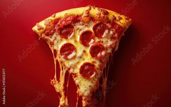 Obraz Slice of juicy pepperoni pizza with melted cheese stretching on red background.
