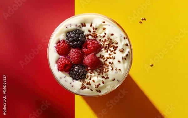 Obraz Top-down view of a smoothie with Greek yogurt, mixed berries, and flax seeds on split yellow-red background.